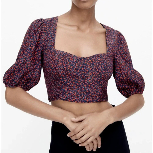 NWT Zara Micro floral Sweetheart neckline HAlf Sleeve Crop Top XL - Picture 1 of 6